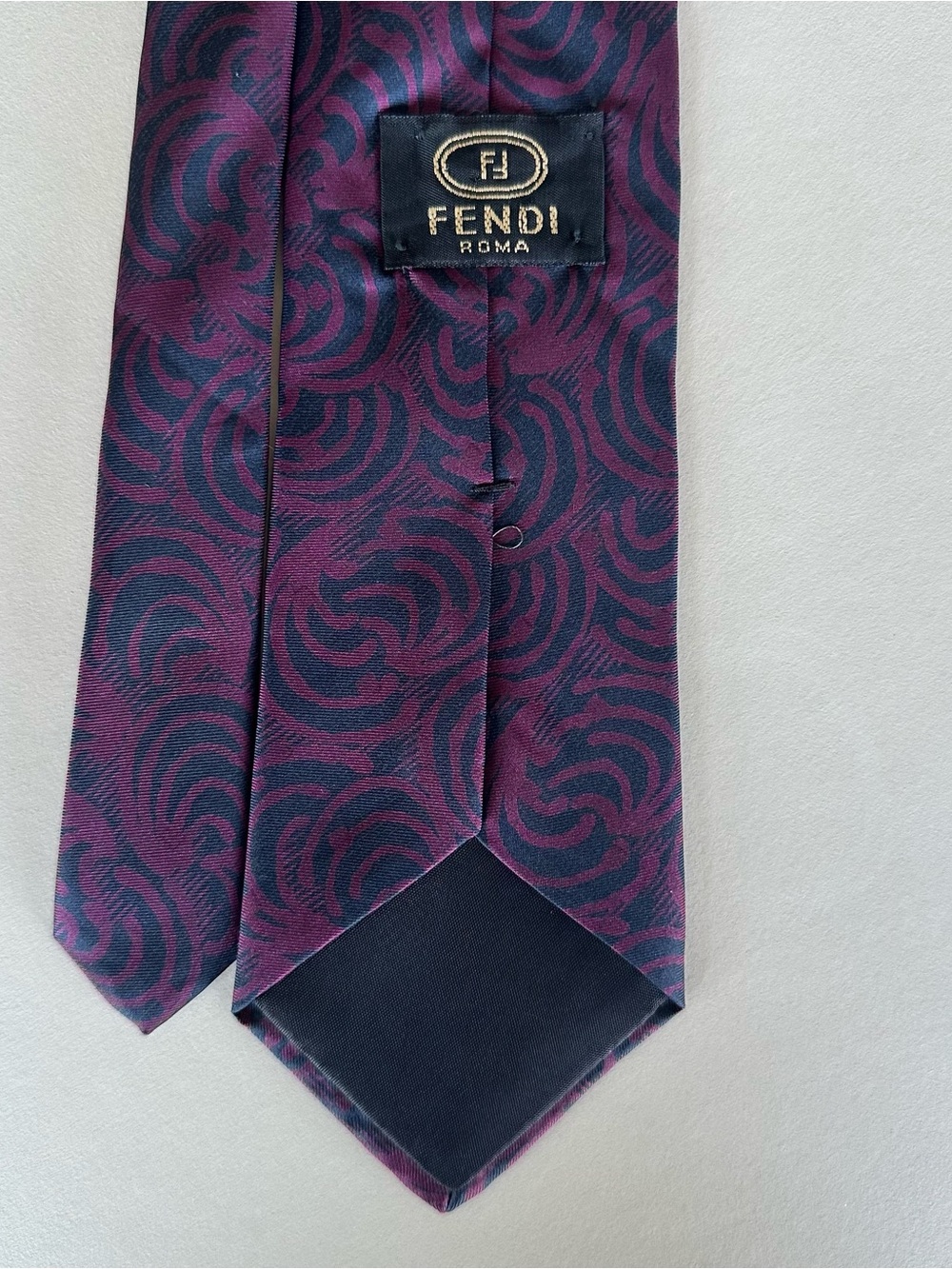 Vintage Fendi Men's Swirl Print Woven Silk Necktie in Purple and Navy Blue